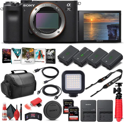 Sony Cámara digital sin espejo Alpha a7C (solo cuerpo, negro) (ILCE7C/B) + 2 tarjetas de memoria de 64 GB + 3 baterías NP-FZ-100 + software de foto