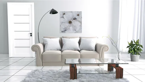 Miniatura 7 de SYGALLERIER Arte abstracto de pared de flores, pintura al óleo floral gris y blanca con adornos de lámina dorada, arte de pared de lienzo hecho a