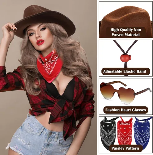 Miniatura 3 de Geyoga 9 piezas de sombrero de vaquero para adulto con bandana de vaquero y gafas para disfraz del oeste, accesorio para hombres y mujeres