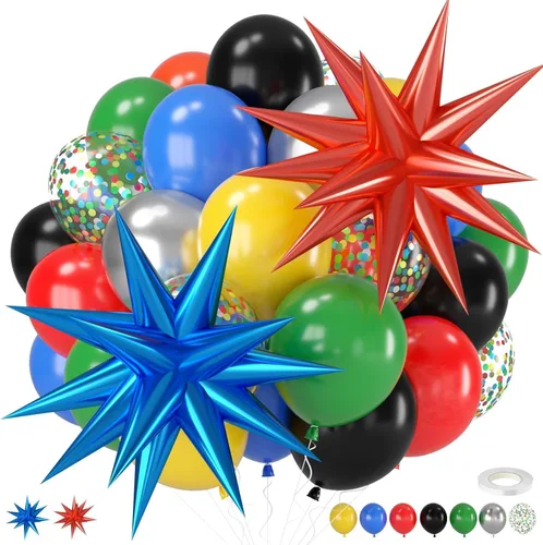 Globos negros y rojos amarillos azules, globos de confeti de 12 pulgadas negros rojos amarillos azules verdes plateados metálicos con globo de