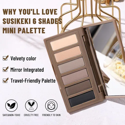 Miniatura 4 de SUSIKEKI 6 Colores Mini Paleta de Sombras de Ojos Maquillaje Neutro Nude Ahumado Sombra de Ojos Taupe y Marrón Mate Paleta de Maquillaje con Espejo