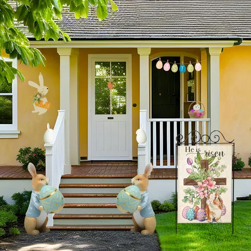 Miniatura 4 de Bandera de Pascua para exteriores, cruz religiosa con huevos de conejo, flores, banderas de patio para exteriores, bandera decorativa de primavera