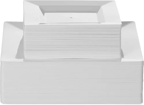 Miniatura 5 de BloominGoods 100 platos cuadrados desechables de plástico blanco, paquete de 100 platos cuadrados de plástico de 6.5 y 10 pulgadas de alta calidad