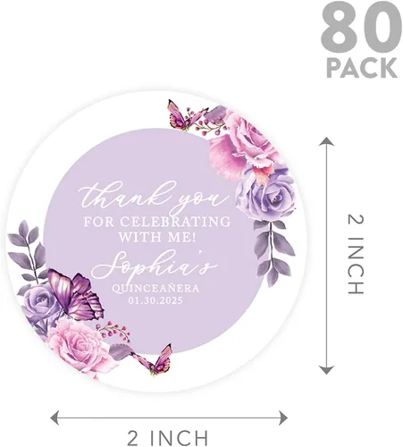 Miniatura 5 de Andaz Press Paquete de 40 etiquetas personalizadas redondas de 2 pulgadas para Quinceañera, mariposas lilas personalizadas etiquetas de Lila Lavanda