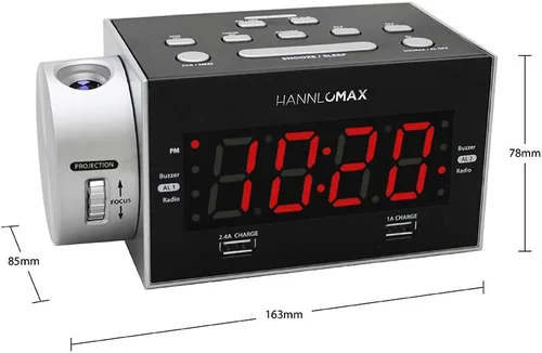 Miniatura 4 de HANNLOMAX HX-135CR - Radio despertador con proyección, radio FM PLL, alarma dual, puertos USB duales para carga de 2.4 A y 1A, pantalla LED roja