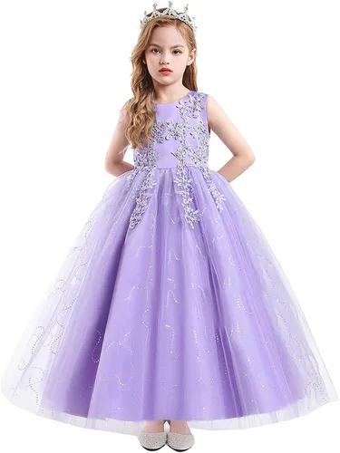 Miniatura 3 de MYRISAM Vestido largo de tul con encaje bordado para niñas de flores, para comunión, para comunión, cumpleaños, princesa, concurso de belleza
