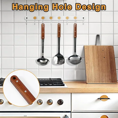 Miniatura 4 de FJNATINH Espátula Wok de acero inoxidable, cucharón, juego de herramientas de cucharón de espumadera, utensilios de cocina pulidos con mango de Negro