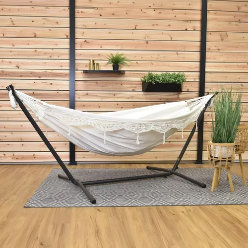 Miniatura 4 de Vivere Hamaca doble con soporte de acero que ahorra espacio, 450 libras de capacidad, incluye bolsa de transporte prémium, natural