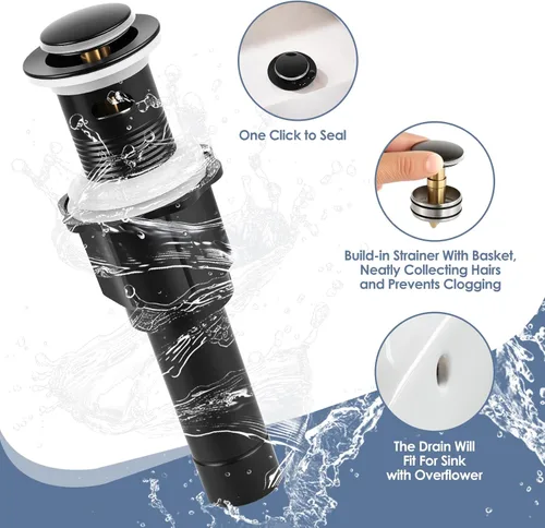 Miniatura 6 de Grifo de baño extendido de 8 pulgadas con 2 manijas, 3 orificios, con ensamblaje de desagüe emergente y líneas de suministro de agua (Negro)