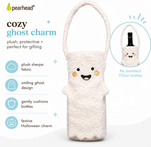Miniatura 6 de Pearhead Soporte para botella de vino fantasma de Halloween, bolsa de regalo reutilizable de sherpa de felpa con cara sonriente y asa - Lindo regalo