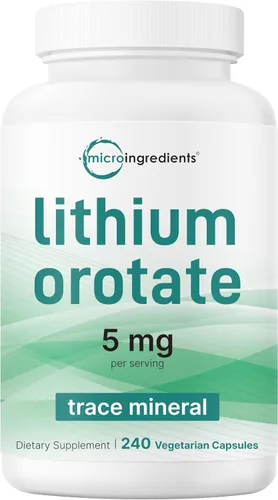 Micro Ingredients Orotato de litio de 5 mg, 240 cápsulas vegetarianas | 5 mg por porción | Mineral de rastro de litio elemental | Forma estable de