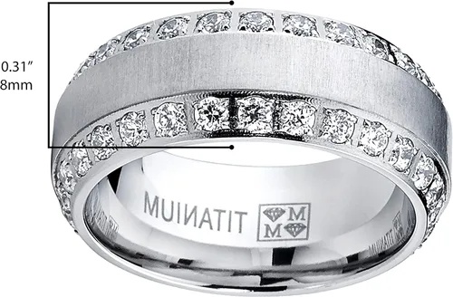 Miniatura 6 de Metal Masters 1.8Ct Anillo de compromiso o boda para hombre, de titanio con acabado domo cepillado, con circonia cúbica, 8 mm