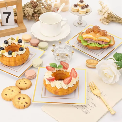 Miniatura 3 de RDF oro placas plásticas con tenedores de plástico-6 "100 platos de postre cuadrados disponibles con borde de oro y 100 tenedores de postre oro