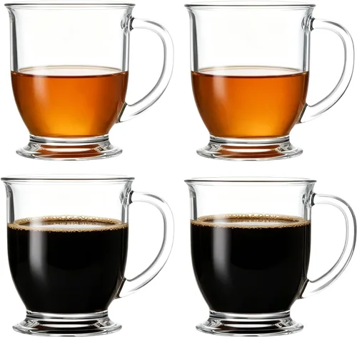 Miniatura 8 de Juego de 4 tazas de café de vidrio transparentes con cuchara, tazas de cerveza de vidrio transparente grande de 16 OZ con asa para bebidas