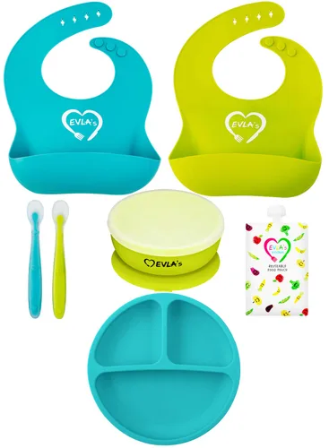 EVLA'S Juego de alimentación para bebés, suministros de destete para bebés, baberos de silicona ajustables, plato dividido, cuenco de succión con