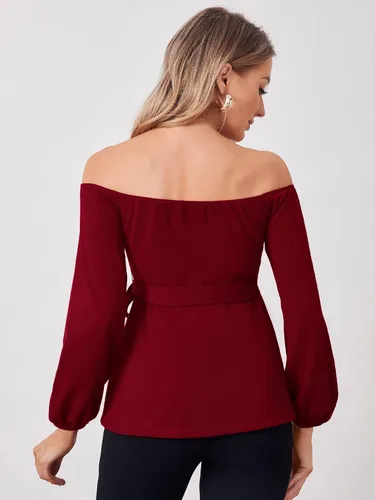 Miniatura 2 de Floerns Blusa de maternidad de manga larga con cinturón y hombros descubiertos para mujer