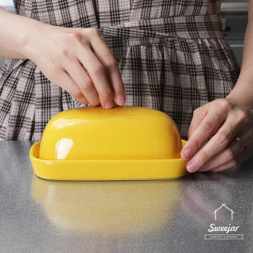 Miniatura 7 de Sweejar Mantequillera de cerámica con tapa para encimera, recipiente para mantequilla de porcelana con mango de perilla, recipiente para mantequilla