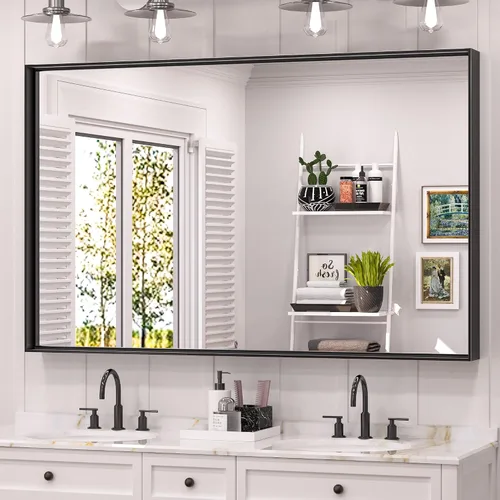 Miniatura 12 de TETOTE Espejo de baño con marco negro de 48 x 24 pulgadas, espejo rectangular grande de baño negro mate para pared, marco de metal, espejo