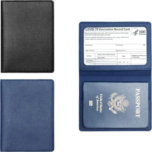Paquete de 2 portatarjetas de pasaporte y vacunación, de piel sintética, para pasaporte, funda protectora para vacunas, cartera de pasaporte de