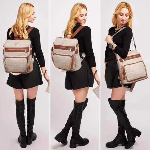 Miniatura 2 de MKP COLLECTION Mochila de moda para mujer, bolsa convertible grande para mujer, mochila de viaje, bolsa de hombro, juego de 2 piezas con borla, Beige