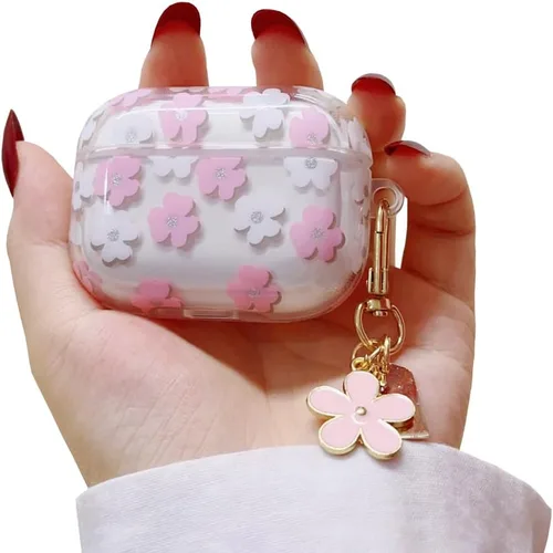 Funda protectora para AirPods Pro con llavero, bonita funda protectora para auriculares con flores rosas y flores rosas, TPU suave y transparente