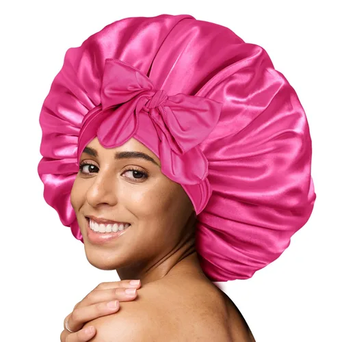 Miniatura 17 de Gorro de satén de seda para dormir con banda ancha para cabello rizado, color rosado oro rosa claro