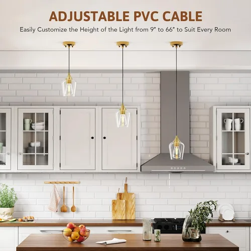 Miniatura 2 de VONLUCE Lámpara Colgante de Isla de Cocina, Lámpara Colgante de Oro Cepillado con Base E26 y Cable Ajustable, Iluminación Colgante Moderna con Dorado