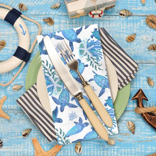Miniatura 3 de 100 servilletas de papel desechables con diseño de tortuga y océano, color azul océano, animales marinos, cenas, toallas de mano para verano, playa