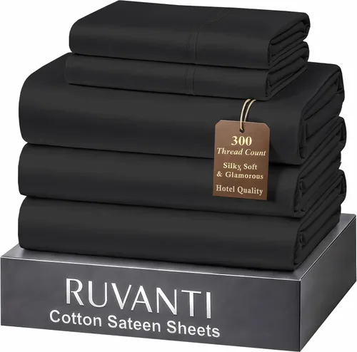 Miniatura 25 de RUVANTI Juego de sábanas de 100 % algodón tamaño matrimonial, tejido de satén suave y sedoso de 300 hilos, refrescante, ligero y transpirable, Beige