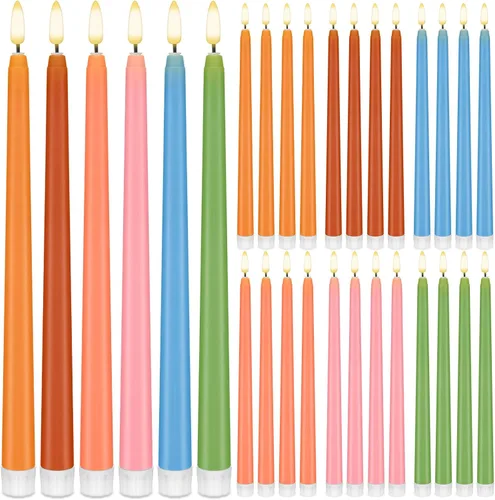 Baquler 24 velas cónicas sin llama de flores silvestres de 11 pulgadas, funciona con pilas, velas LED de plástico con degradado parpadeante para