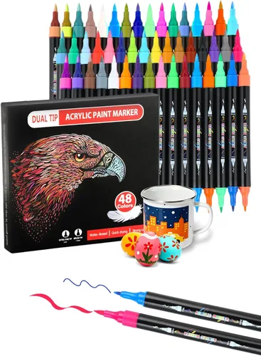 Brled Marcadores de pintura acrílica de 48 colores, bolígrafos de pintura acrílica de doble punta con pincel y puntas finas para adultos, madera, 48