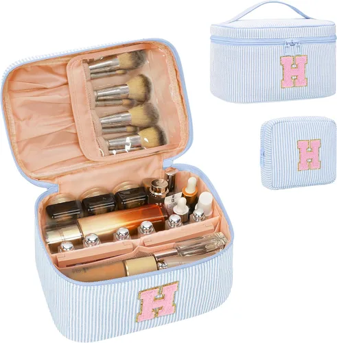 Miniatura 108 de Juego de bolsas de maquillaje con iniciales para niñas y mujeres, bolsa de cosméticos con monograma con soporte para cepillos, estuche de maquillaje