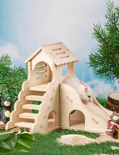 Miniatura 6 de Accesorios de jaula de escondite para hámster Sirvarni - Casa y hábitat de hámster en madera con cabaña oculta, escalera para escalar y tobogán
