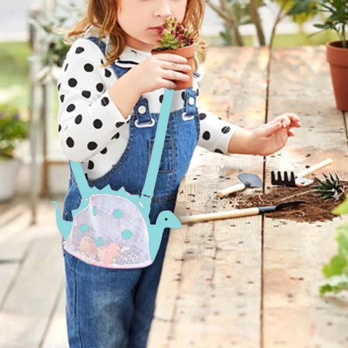 Miniatura 5 de AUONY Bolsa de playa de malla para juguete de playa, bolsa de conchas para niños, bolsa de juguete de arena de dinosaurio para sostener conchas, Azul