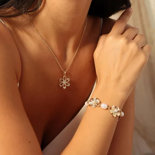 Miniatura 5 de Rosedate Pulsera de perlas para mujer, pulsera de perlas naturales, pulsera ajustable de oro, pulsera de flores doradas, pulsera de cadena delicada