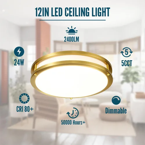Miniatura 2 de Lámpara de Techo Dorada 24W, Lámpara de Techo LED de Montaje Empotrado de 12 Pulgadas para Dormitorio, Cocina, Baño, Lámpara de Techo Regulable