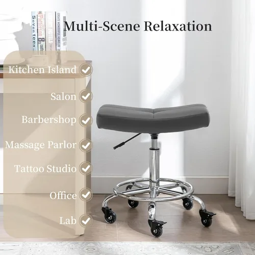 Miniatura 7 de Taburete enrollable ajustable resistente con asiento ancho, ruedas de goma bloqueables y reposapiés, silla giratoria para cocina, laboratorio, Gris