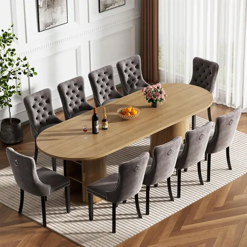 Miniatura 29 de Mesa de comedor redonda extensible con base de almacenamiento, mesa de comedor expandible natural de 63 a 94 pulgadas para 10 personas, mesa
