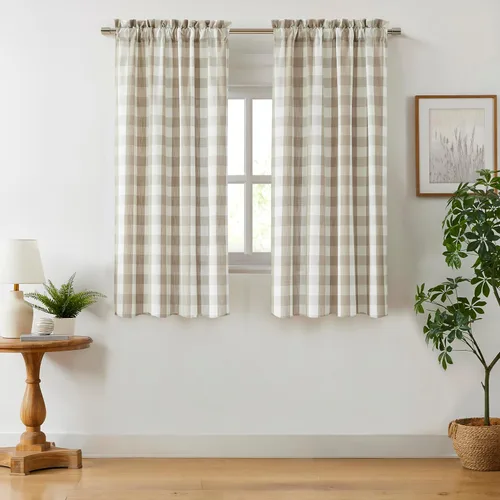 Panel de cortina de ventana a cuadros color beige de 54 pulgadas de largo, con bolsillo para barra, cortinas rústicas de estilo rústico para