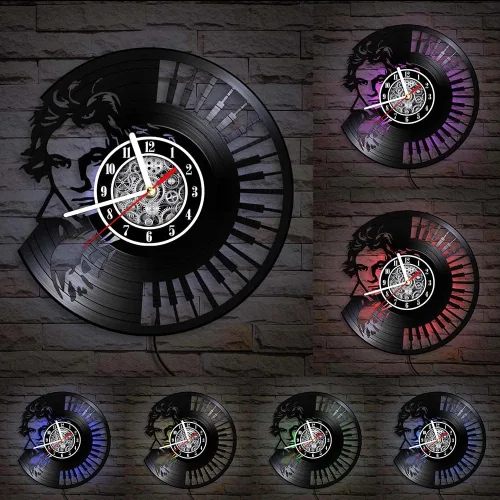 Miniatura 2 de The Geeky Days Ludwig Van Beethoven - Reloj de pared con disco de vinilo LED, 7 colores de luz, 12 pulgadas, teclado de piano de cuarzo silencioso