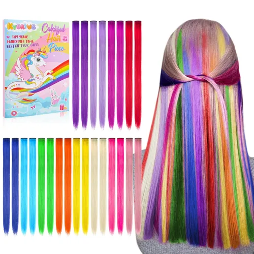 Miniatura 8 de Kyerivs 24 Extensiones de Cabello Azul de 20 Pulgadas con Pinza Arcoíris, Extensiones Sintéticas Lacias para Niñas, Accesorios de Cabello Coloridos
