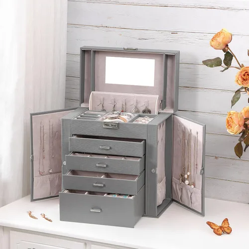 Miniatura 6 de BEWISHOME Joyero grande de 5 niveles organizador de joyas con espejo de cerradura para mujeres y niñas cajas de joyería para collares anillos aretes