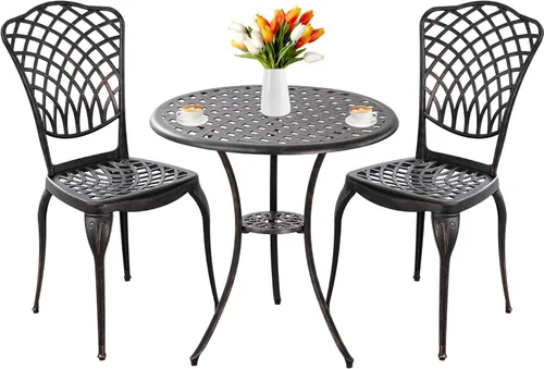 Miniatura 11 de Juego de mesa y sillas de patio para exteriores de 3 piezas, para todo tipo de clima, juegos de bistró de aluminio fundido con agujero