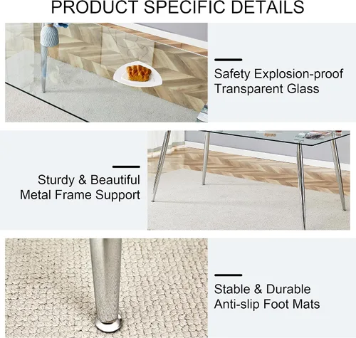 Miniatura 6 de A 71"x35.4" Heat Resistant Clear Tempered Glass Dining Table with Silver Metal Legs