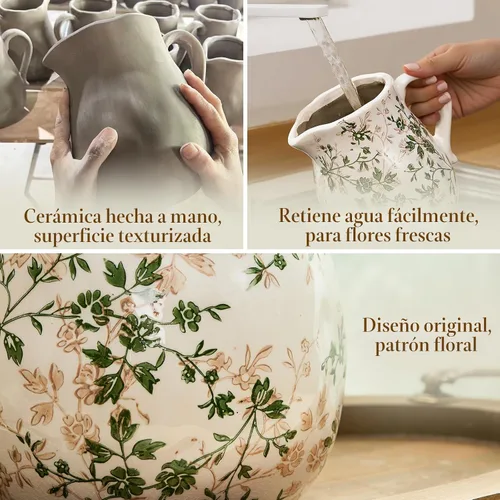 Miniatura 6 de Jarrón floral de cerámica verde y blanco con asa, jarrón rústico de granja, florero floral chinoiserie para decoración del hogar, sala de estar