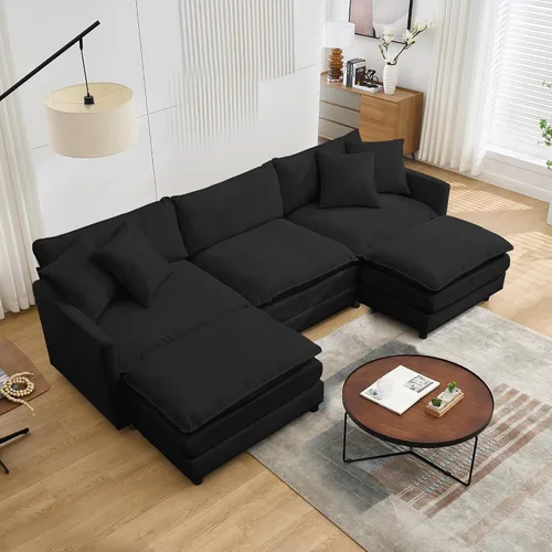 Miniatura 18 de Sofá modular convertible seccional, sofá de 4 asientos en forma de L con diván reversible, sofá de nube de asiento profundo, sofá cama 3 en 1, tela