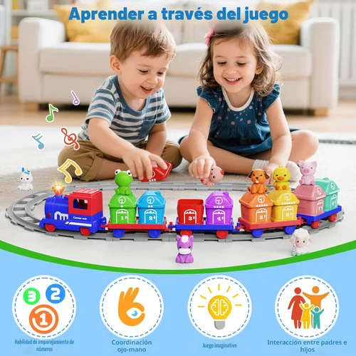 Miniatura 4 de Juguetes de aprendizaje para niños de 1, 2, 3 años, juego de tren de granja eléctrico para niñas de 2 a 4 años, juguete de tren Montessori para Azul