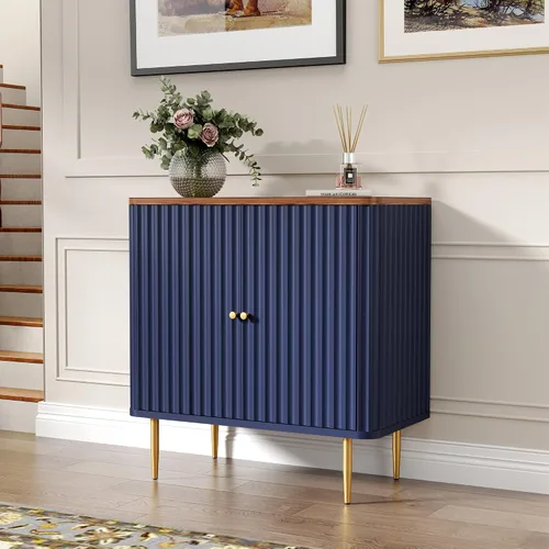 Miniatura 6 de HLR Aparador buffet con textura estriada, armario de acento azul con 2 puertas, almacenamiento moderno de credenza para cocina, sala de estar
