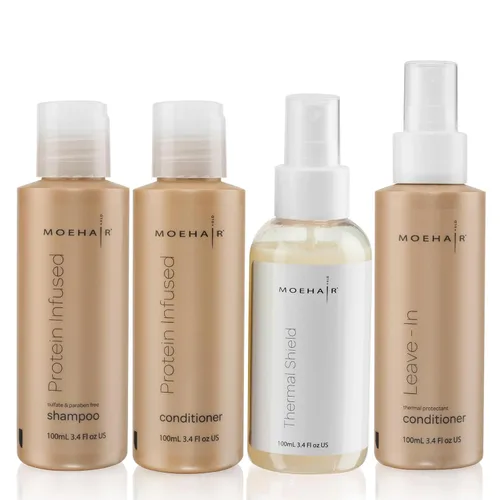 Moehair Artículos de tocador de tamaño viaje (champú con infusión de proteínas, acondicionador, acondicionador sin enjuague y spray protector del