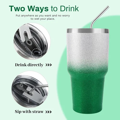 Miniatura 3 de D·S Vaso de 30 onzas con purpurina verde de Navidad con gradiente de acero inoxidable de doble pared aislada al vacío con popote y tapa, cepillo
